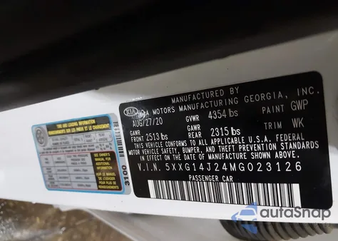 2021 Kia K5 Lxs z USA, uszkodzony, nr VIN 5XXG14J24MG023126